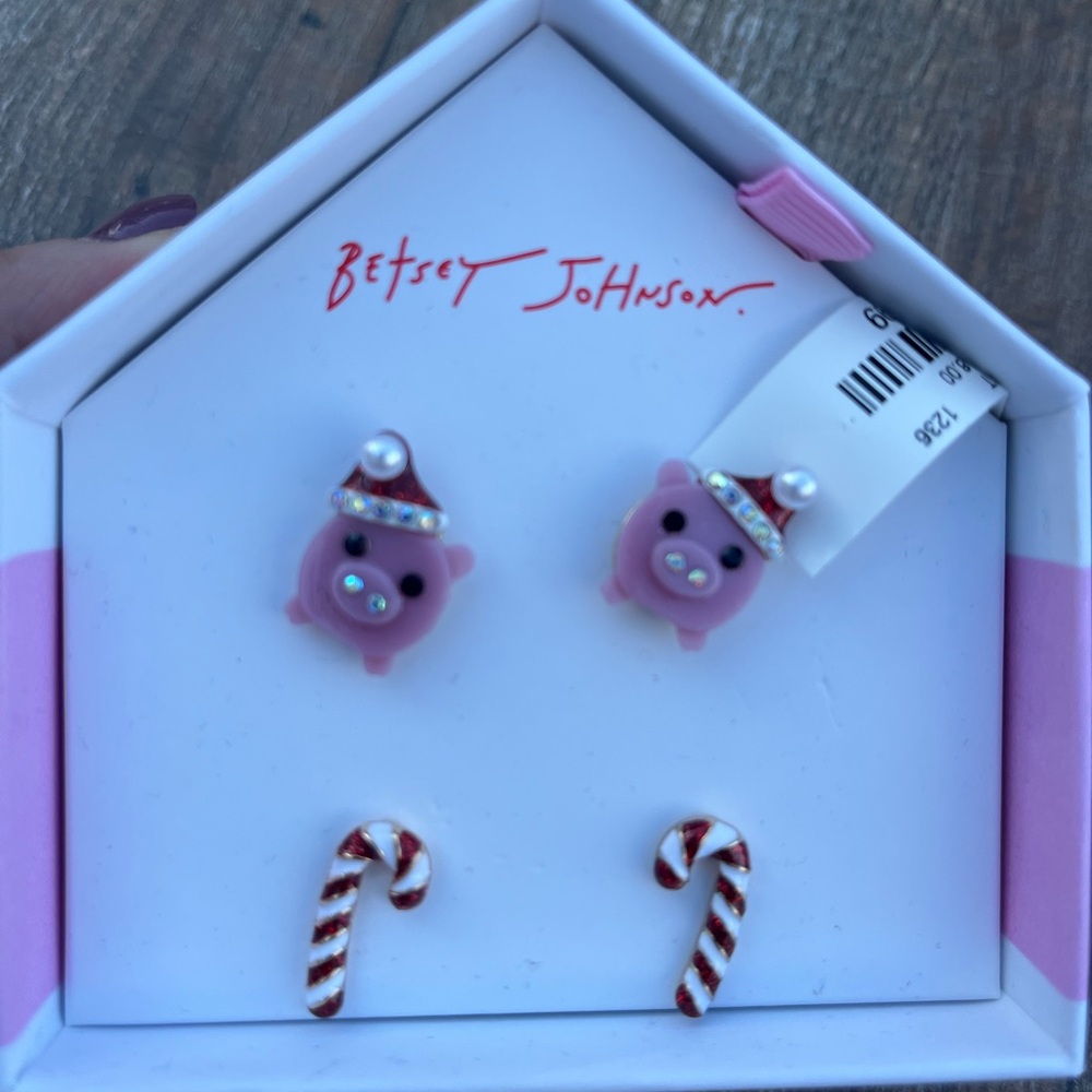 Betsey Johnson Pink Pig and Candy Cane Christmas Earrings